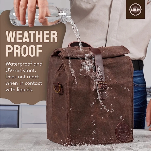 ASEBBO Insulated Lunch Bag 10L Waxed Canvas and Leather Cool Crossbody Bag - Picture 14 of 15